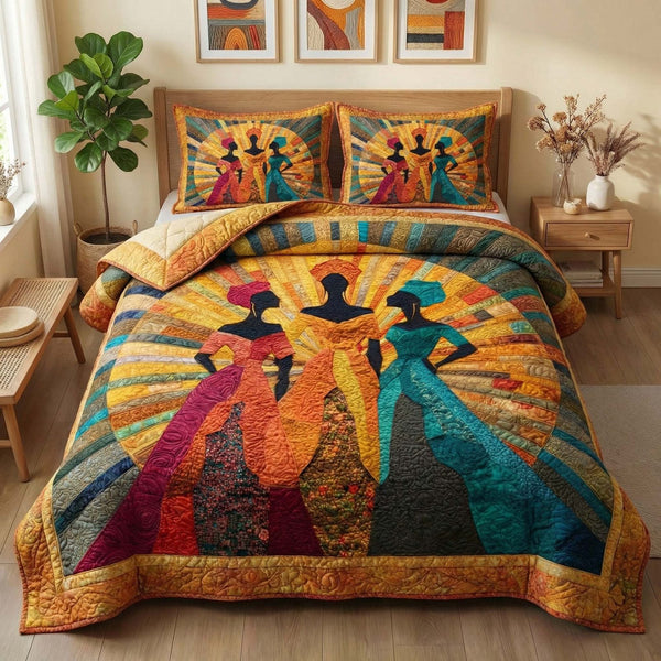 Radiant Sisters quilted 3-piece bedding set on a made bed with two matching pillow shams