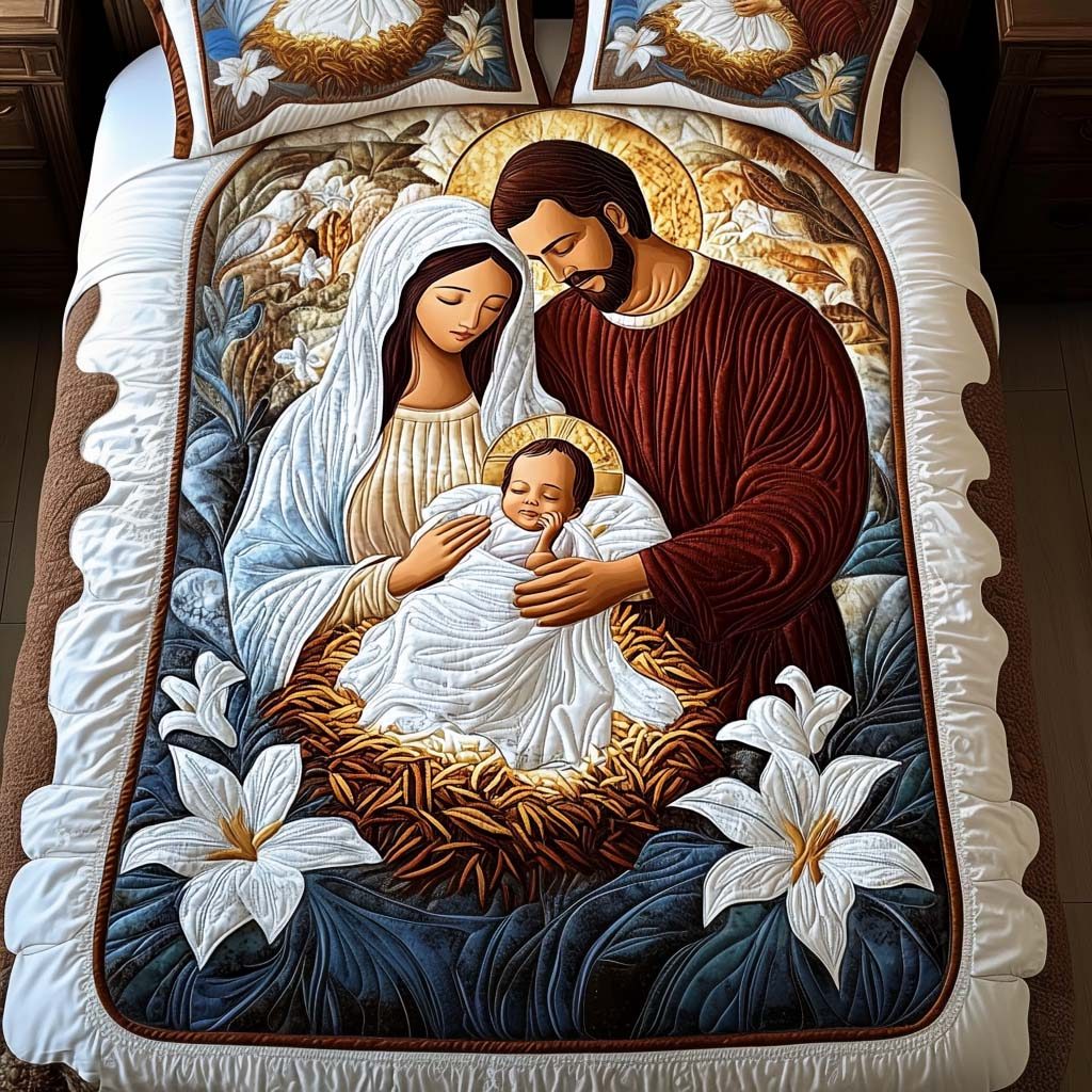 Radiant Souls quilted 3-piece bedding set on a made bed with two matching pillow shams