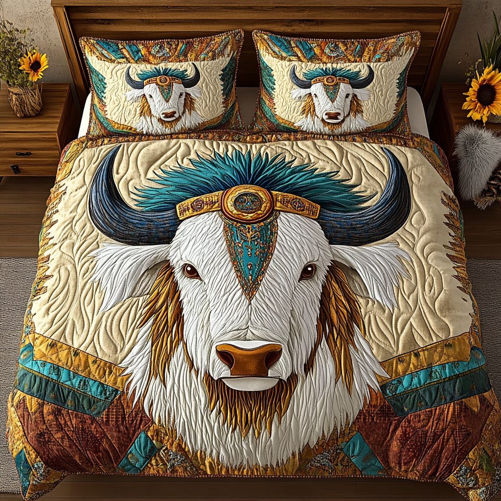 Radiant Spirit quilted 3-piece bedding set on a made bed with two matching pillow shams
