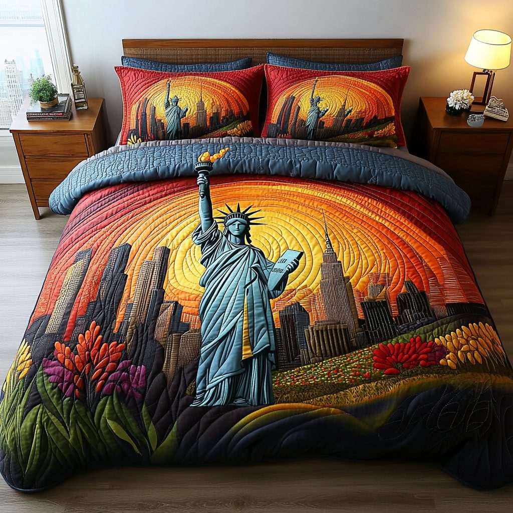 Radiant Statue of Liberty quilted 3-piece bedding set on a made bed in a warmly lit bedroom