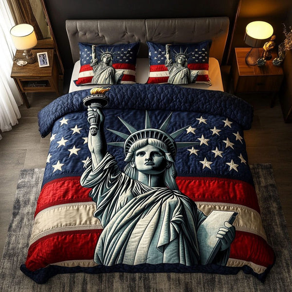 Radiant Statue quilted 3-piece bedding set on a made bed with two matching pillow shams