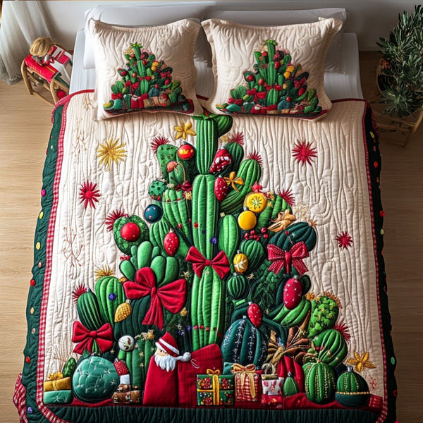 Radiant Succulents quilted 3-piece bedding set on a made bed with two matching pillow shams