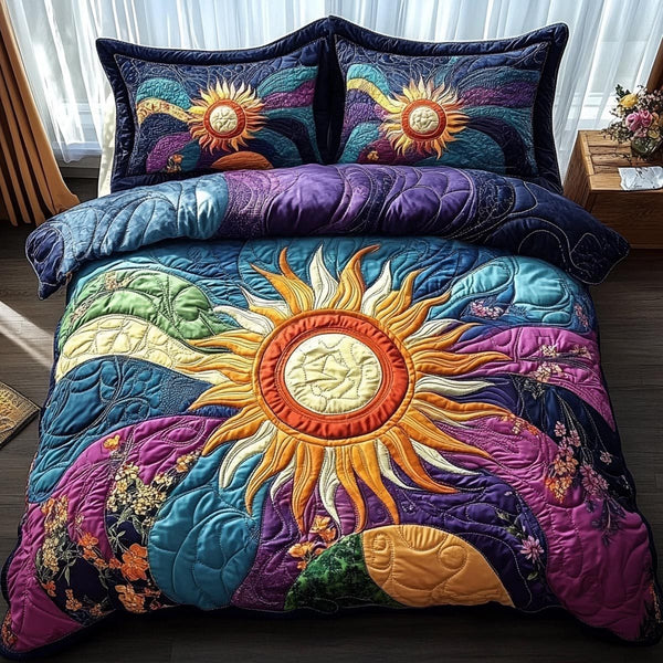 Radiant Sun quilted 3-piece bedding set on a made bed with two matching pillow shams