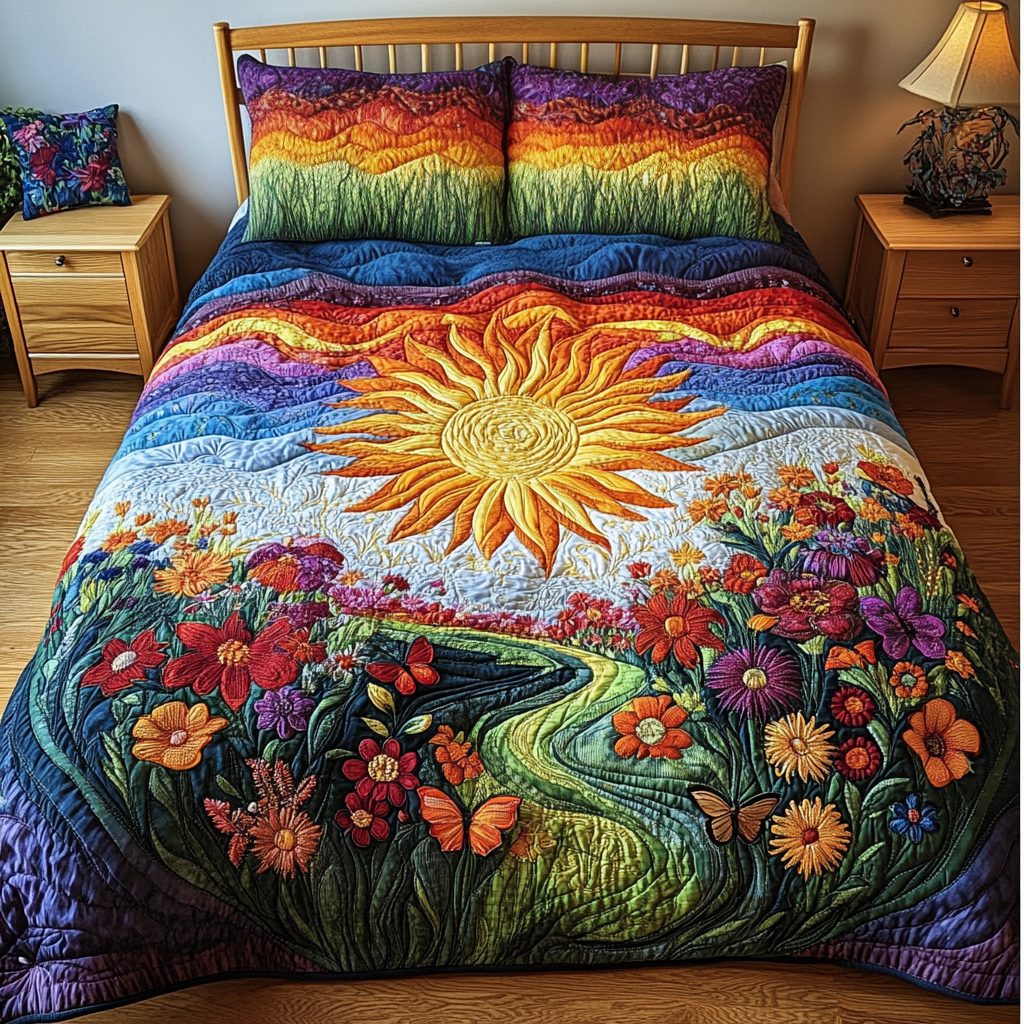 Radiant Sun quilted 3-piece bedding set on a made bed with two matching pillow shams