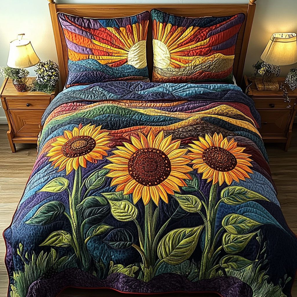 Radiant Sunflower Fields quilted 3-piece bedding set on a made bed with two matching pillow shams
