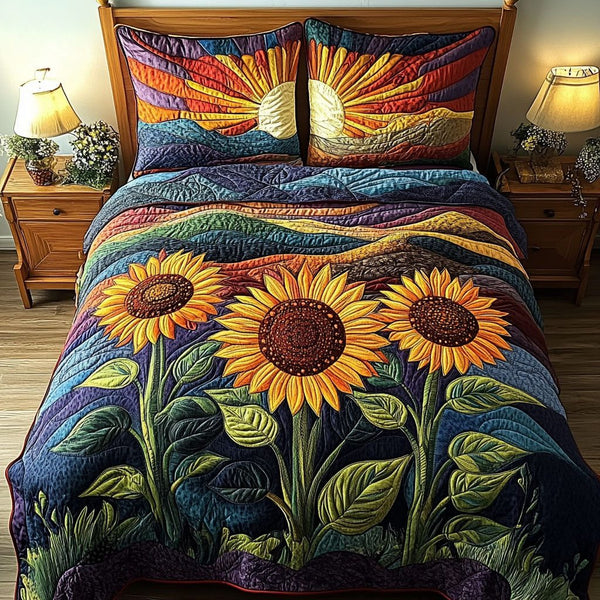 Radiant Sunflower Fields quilted 3-piece bedding set on a made bed with two matching pillow shams