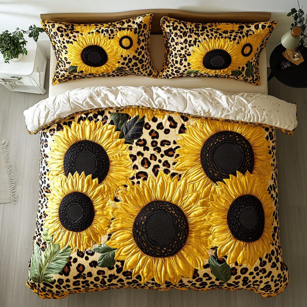 Radiant Sunflowers quilted 3-piece bedding set on a made bed with two matching pillow shams