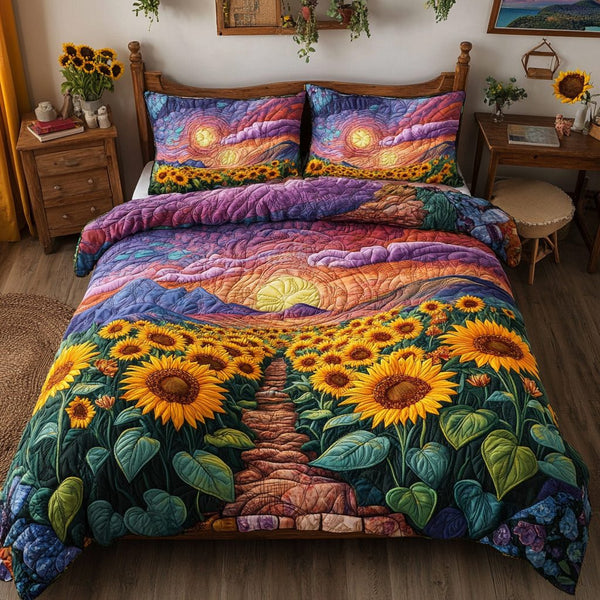 Radiant Sunflowers quilted 3-piece bedding set on a made bed with two matching pillow shams