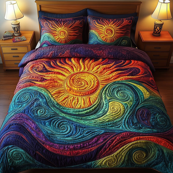 Radiant Sunlight quilted 3-piece bedding set on a made bed with two matching pillow shams