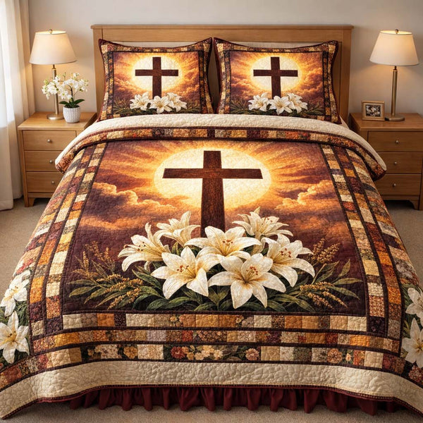 Radiant Sunrise Cross quilted 3-piece bedding set on a made bed in a softly lit bedroom