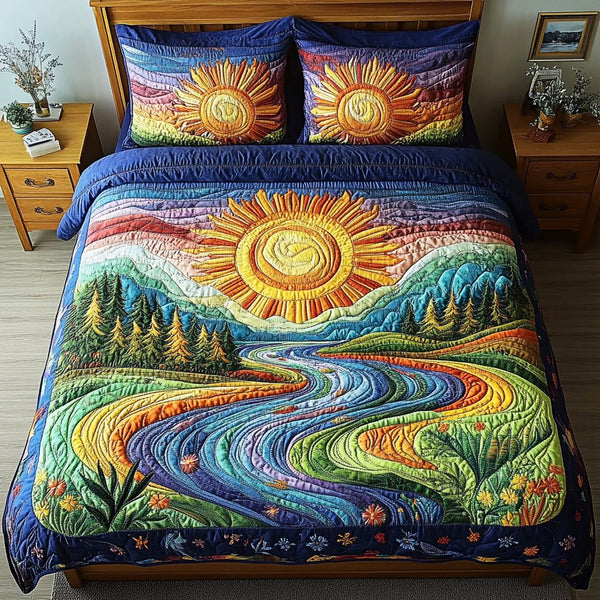 Radiant Sunrise quilted 3-piece bedding set on a made bed with two matching pillow shams
