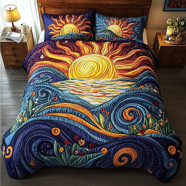 Radiant Sunrise quilted 3-piece bedding set on a made bed with two matching pillow shams