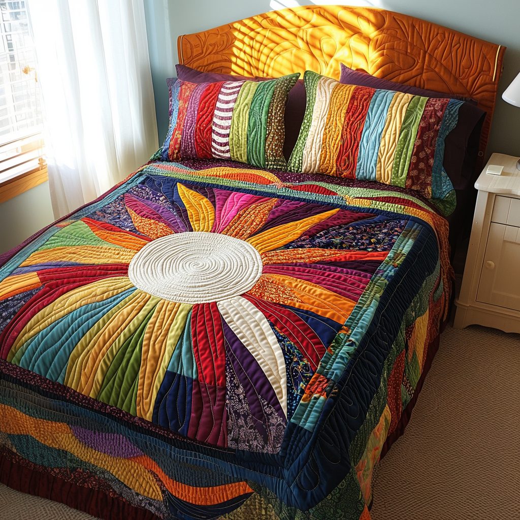 Radiant Sunrise quilted 3-piece bedding set on a made bed with two matching pillow shams