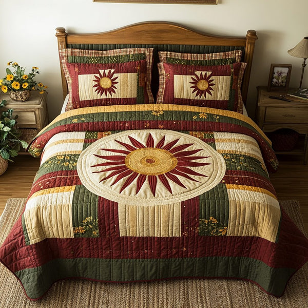 Radiant Sunrise quilted 3-piece bedding set on a made bed with two matching pillow shams