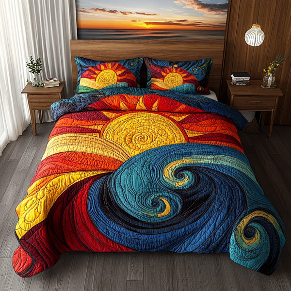 Radiant Sunrise quilted 3-piece bedding set on a made bed with two matching pillow shams