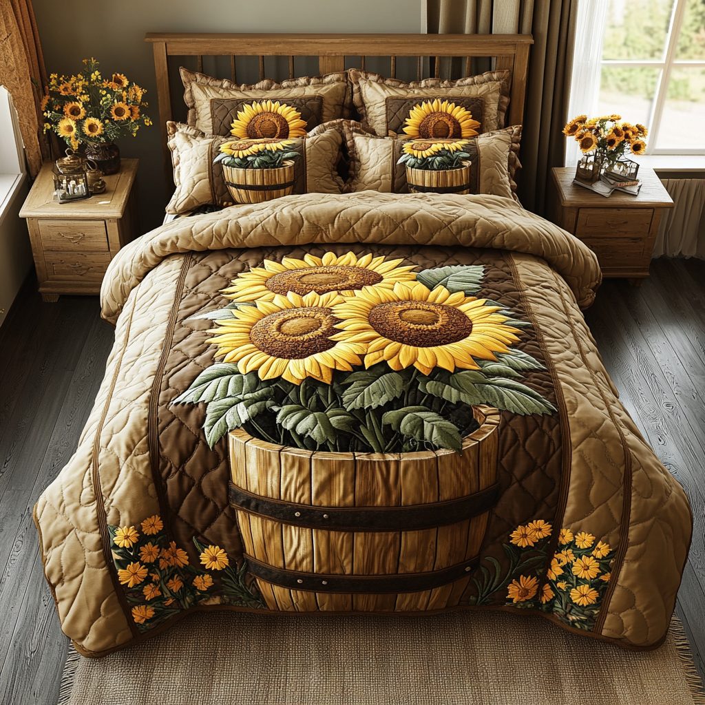 Radiant Sunshine quilted 3-piece bedding set on a made bed with two matching pillow shams