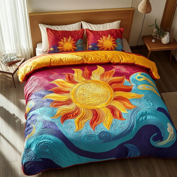 Radiant Tides quilted 3-piece bedding set on a made bed with two matching pillow shams