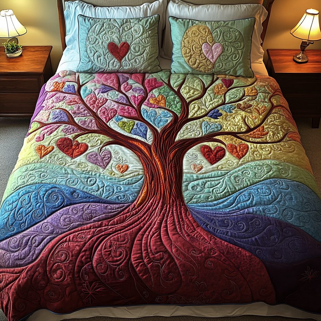 Radiant Tree quilted 3-piece bedding set on a made bed with two matching pillow shams