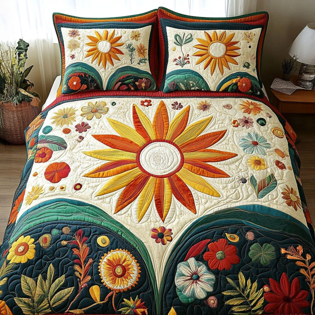 Radiant Vibes quilted 3-piece bedding set on a made bed with two matching pillow shams