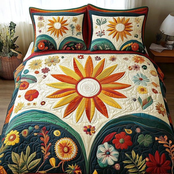 Radiant Vibes quilted 3-piece bedding set on a made bed with two matching pillow shams