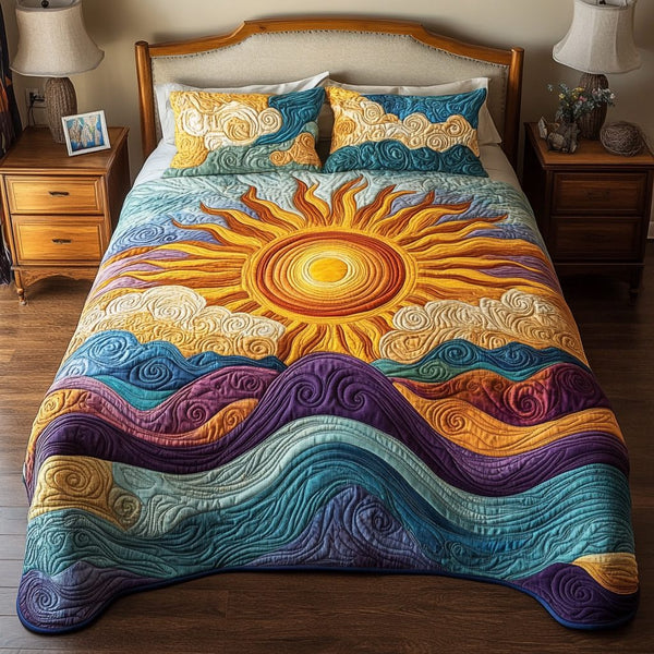 Radiant Waves quilted 3-piece bedding set on a made bed in a light coastal bedroom