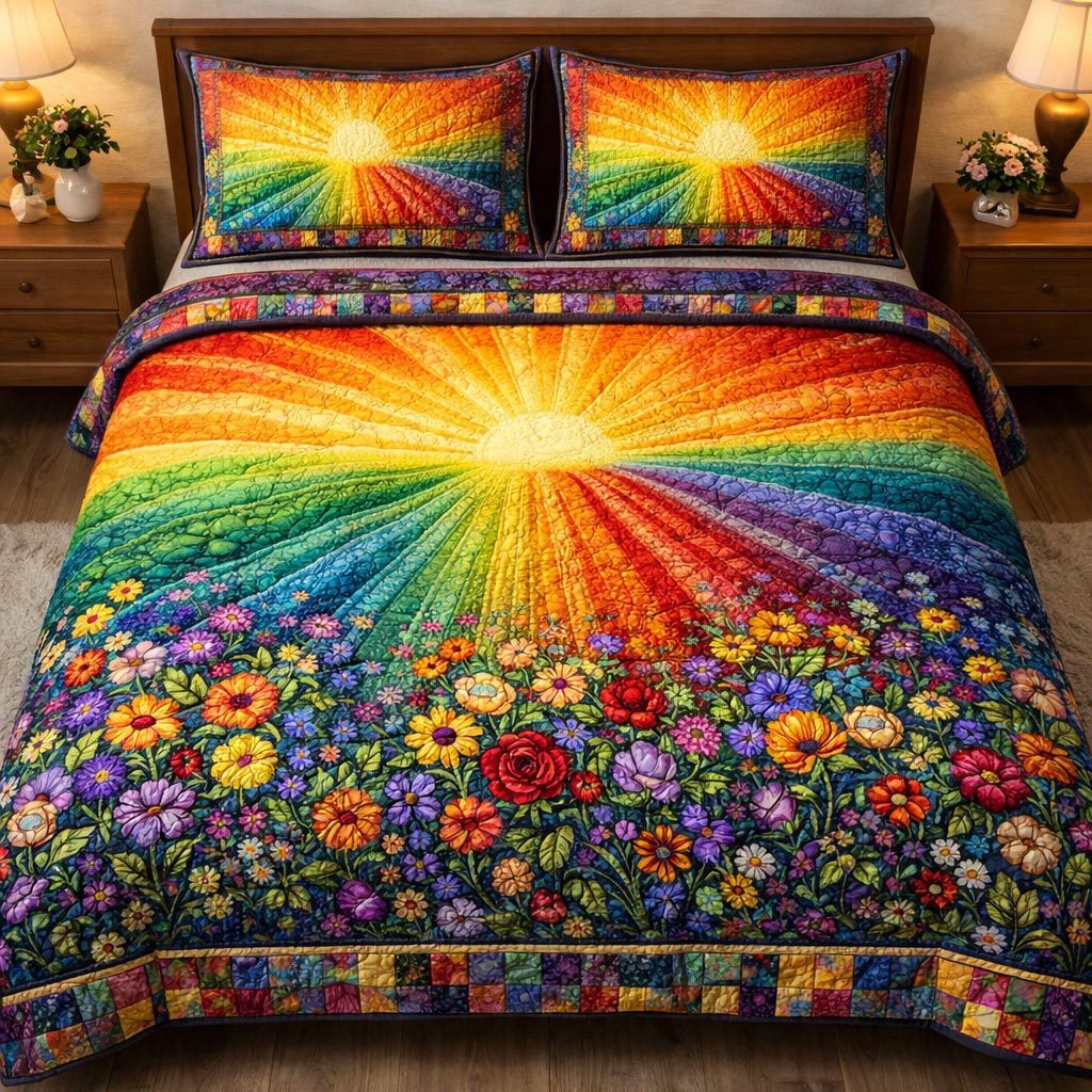 Radiant Wildflower quilted 3-piece bedding set on a made bed with two matching pillow shams
