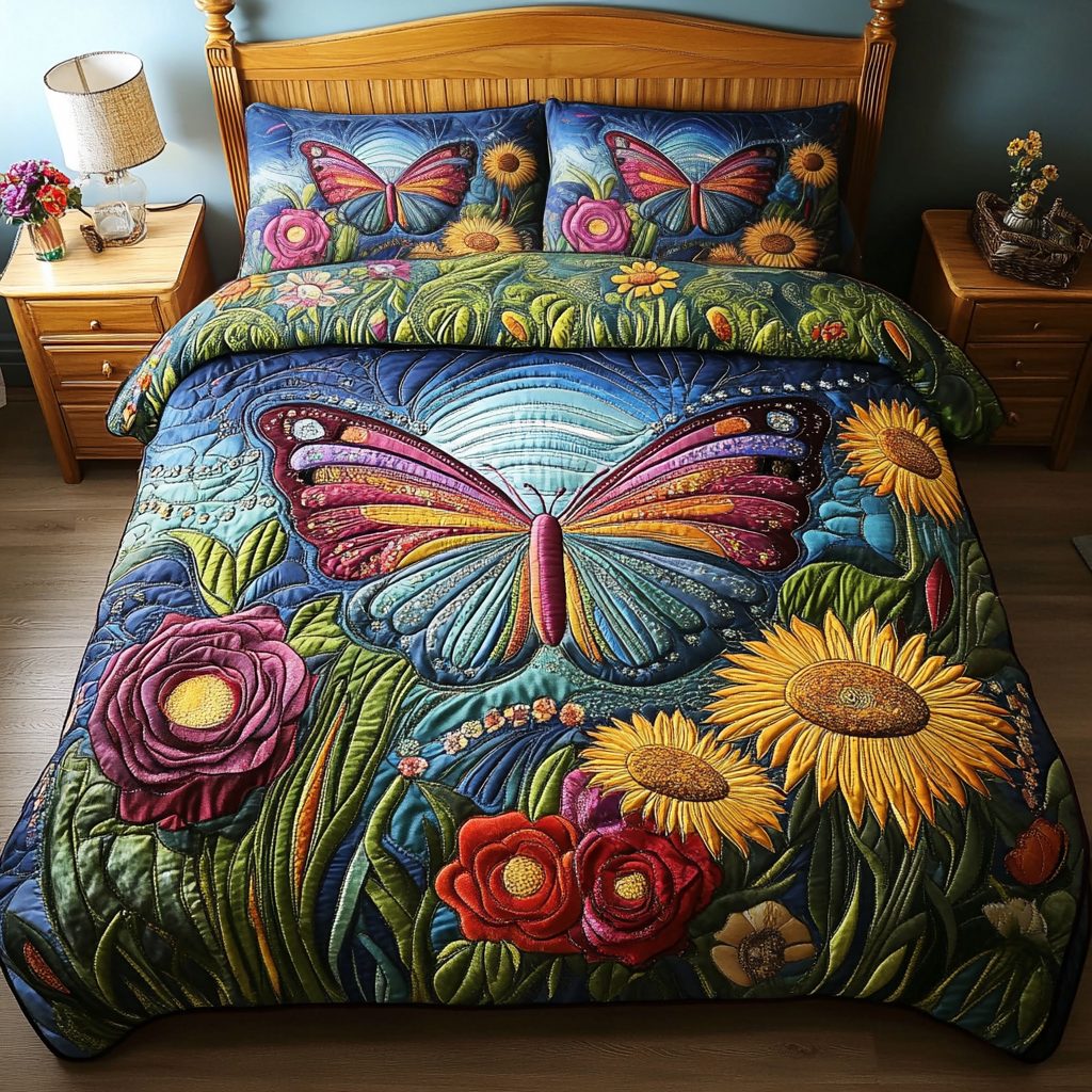 Radiant Wings quilted 3-piece bedding set on a made bed with two matching pillow shams