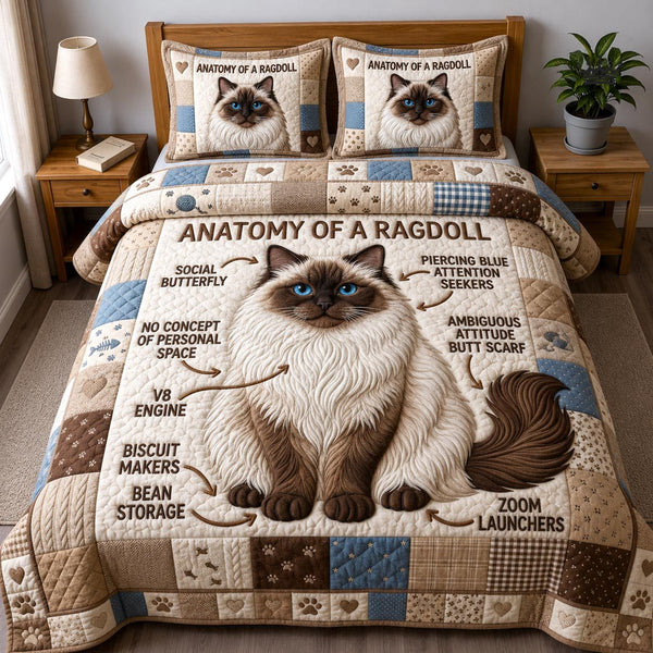 Ragdoll Anatomy quilted 3-piece bedding set on a made bed with two matching pillow shams