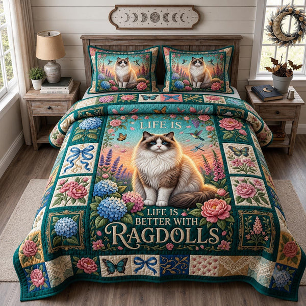 Ragdoll Life quilted 3-piece bedding set on a made bed with two matching pillow shams