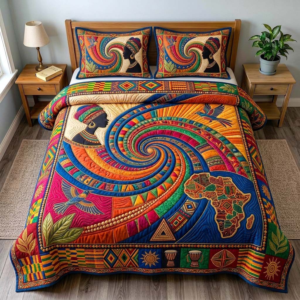 Rainbow Ancestry Spiral quilted 3-piece bedding set on a made bed with two matching pillow shams