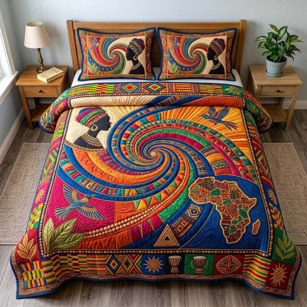 Rainbow Ancestry Spiral quilted 3-piece bedding set on a made bed with two matching pillow shams