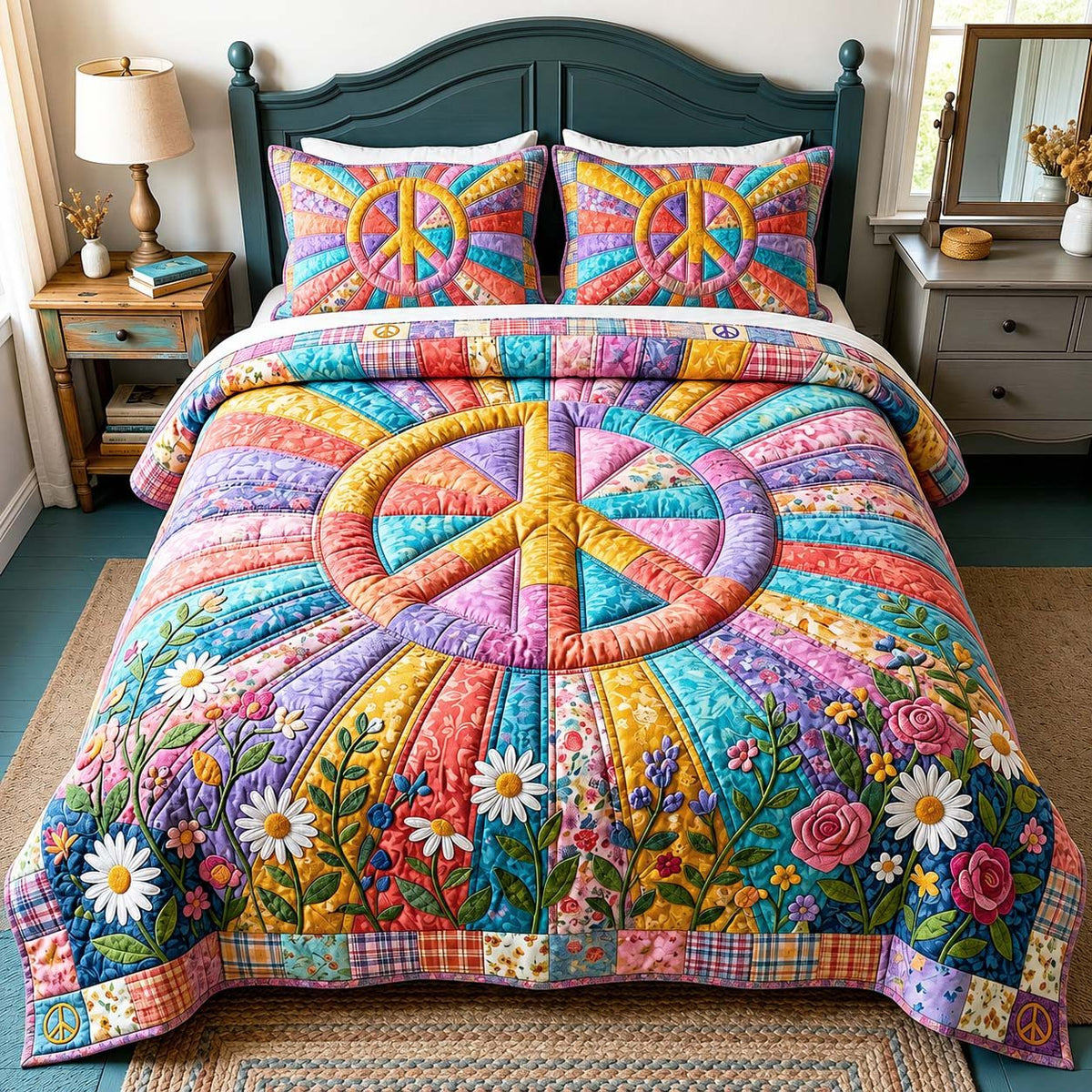 Rainbow Bloom quilted 3-piece bedding set on a made bed with two matching pillow shams
