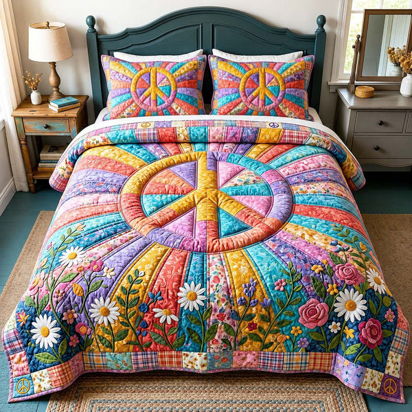 Rainbow Bloom quilted 3-piece bedding set on a made bed with two matching pillow shams