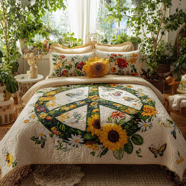 Rainbow Bloom quilted 3-piece bedding set on a made bed with two matching pillow shams