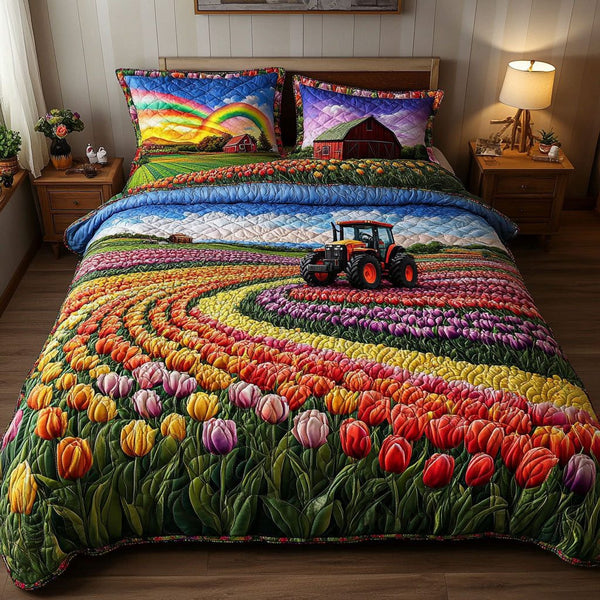 Rainbow Bloom Ride quilted 3-piece bedding set on a made bed with two matching pillow shams