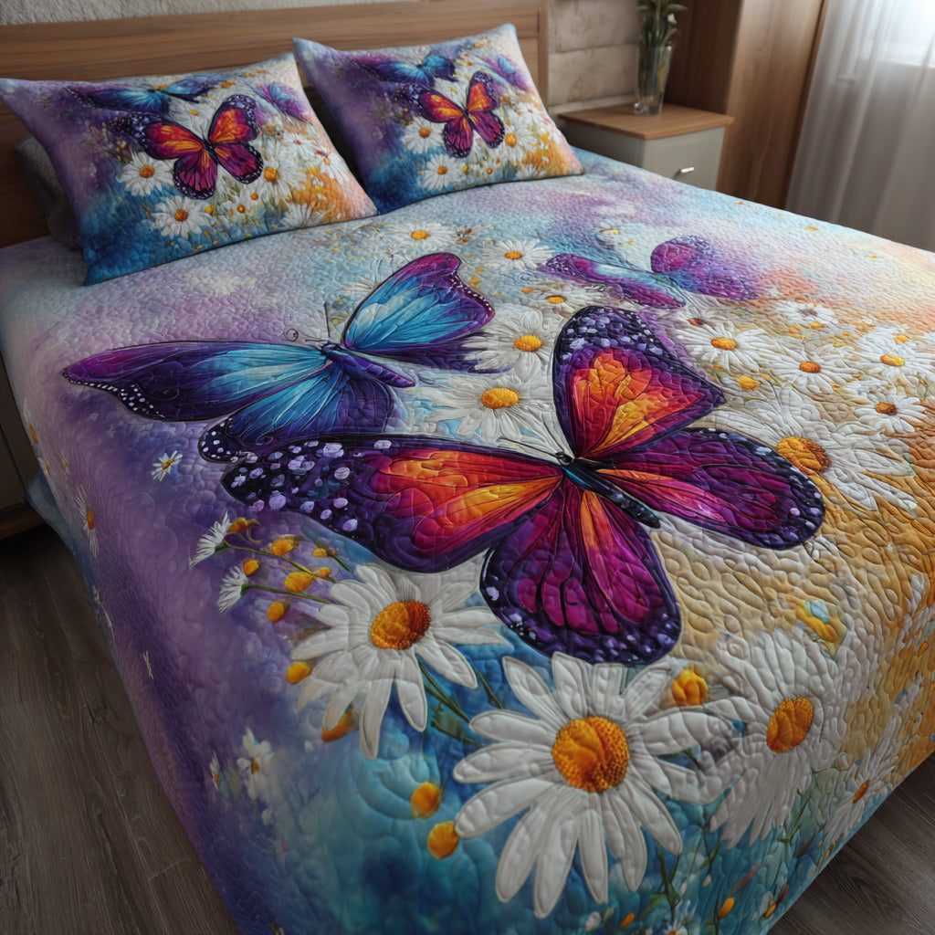Rainbow Butterflies quilted 3-piece bedding set on a made bed with two matching pillow shams