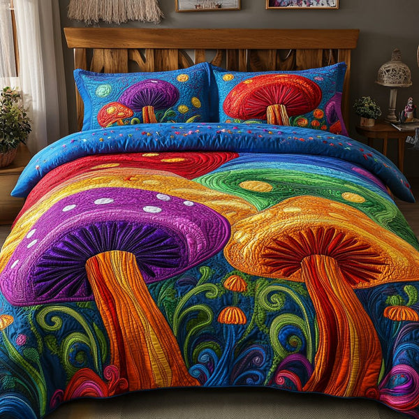 Rainbow Caps quilted 3-piece bedding set on a made bed with two matching pillow shams