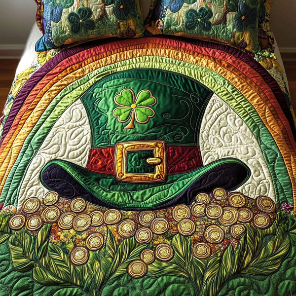 Rainbow Clover Hat quilted 3-piece bedding set on a made bed in a rustic timber bedroom