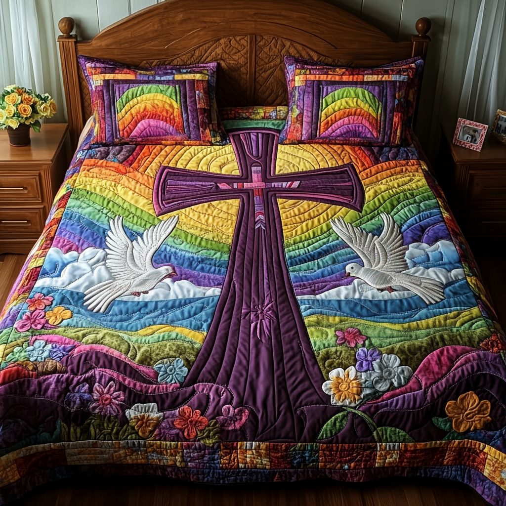 Rainbow Cross Dove quilted 3-piece bedding set on a made bed in a softly lit bedroom