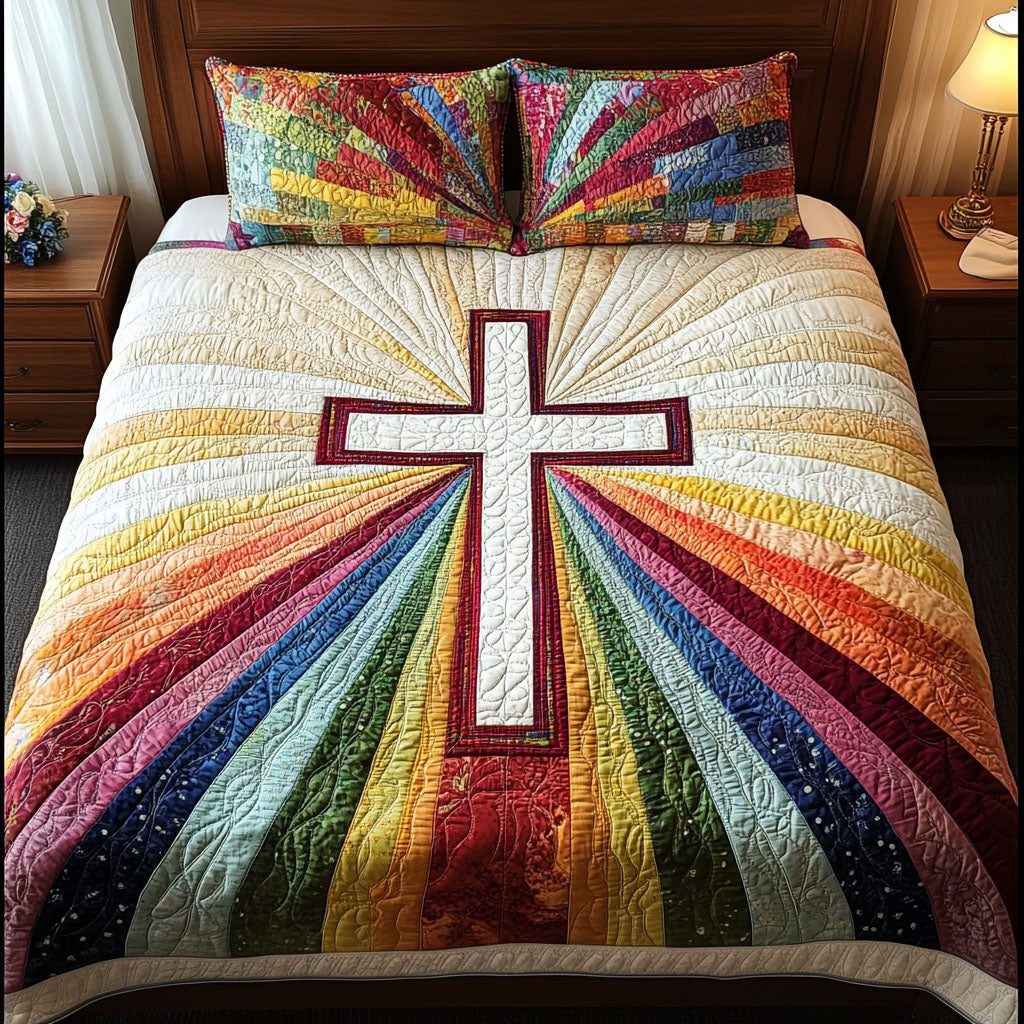 Rainbow Cross Light quilted 3-piece bedding set on a made bed in a softly lit bedroom