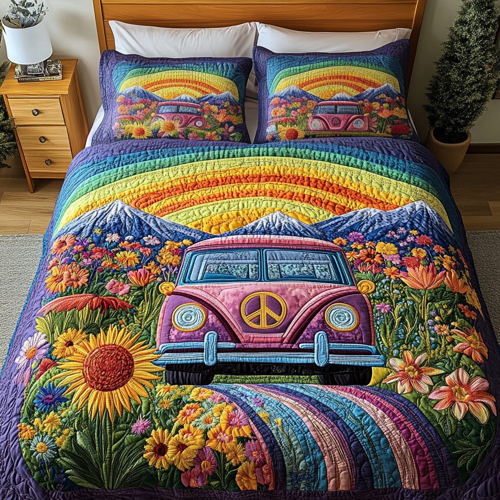 Rainbow Cruise quilted 3-piece bedding set on a made bed with two matching pillow shams