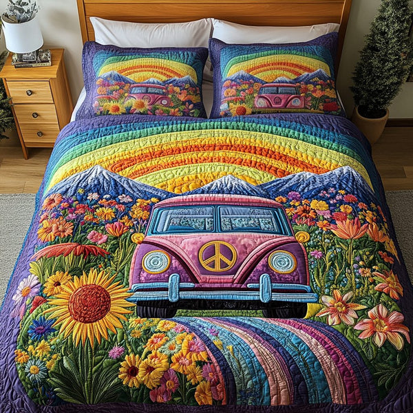 Rainbow Cruise quilted 3-piece bedding set on a made bed with two matching pillow shams