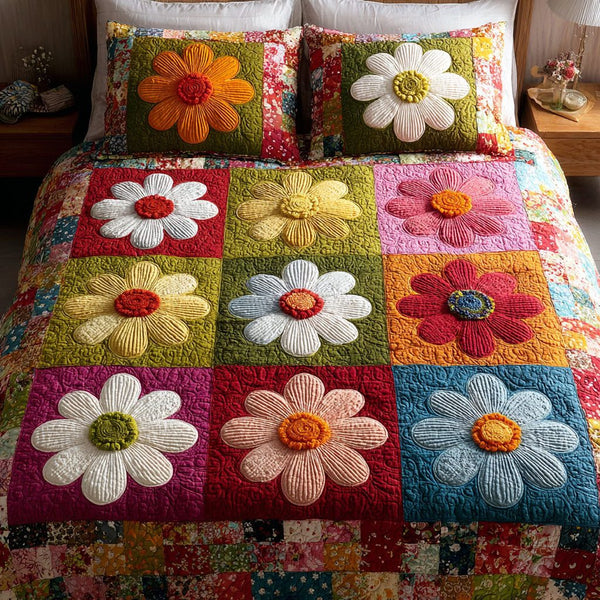 Rainbow Daisies quilted 3-piece bedding set on a made bed with two matching pillow shams