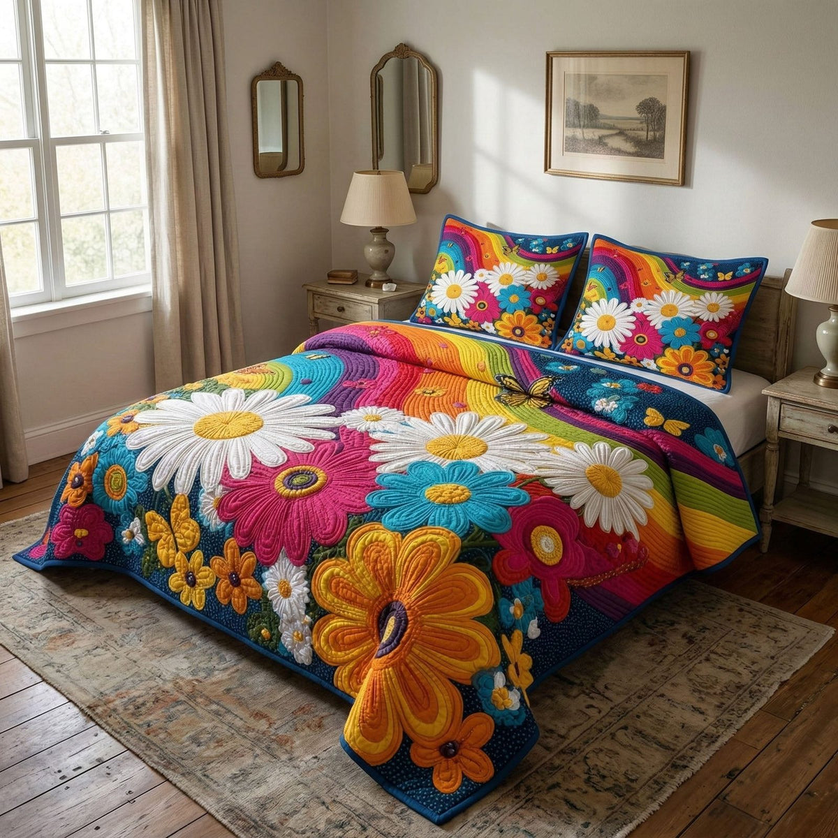 Rainbow Daisy Dream quilted 3-piece bedding set on a made bed with two matching pillow shams
