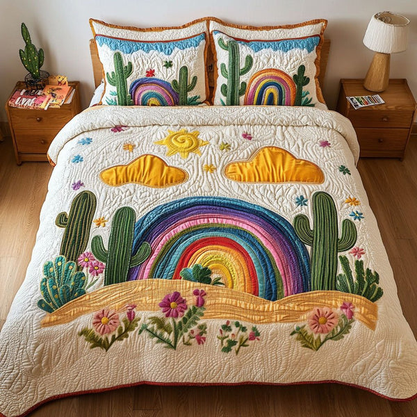 Rainbow Desert quilted 3-piece bedding set on a made bed with two matching pillow shams