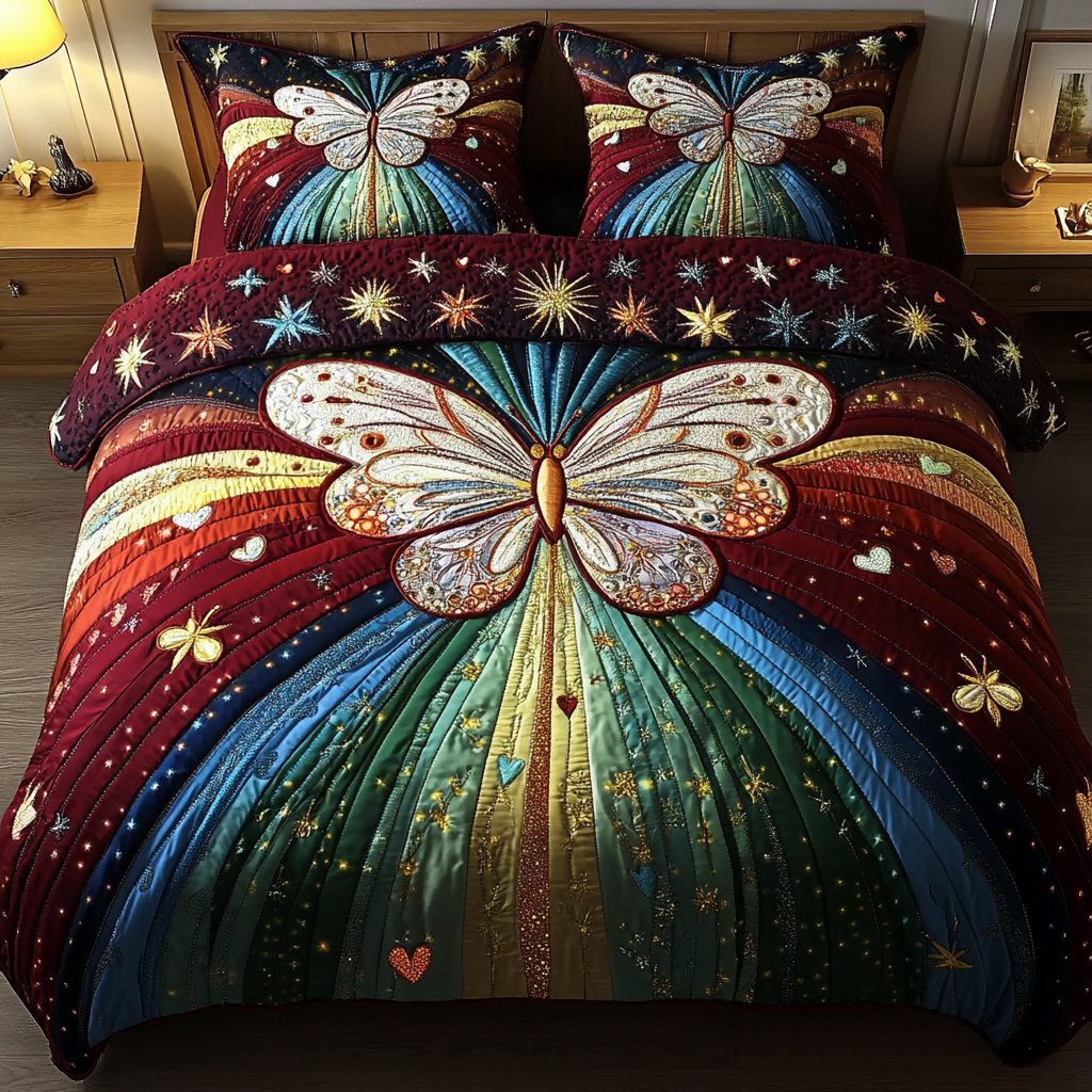 Rainbow Dreams quilted 3-piece bedding set on a made bed with two matching pillow shams