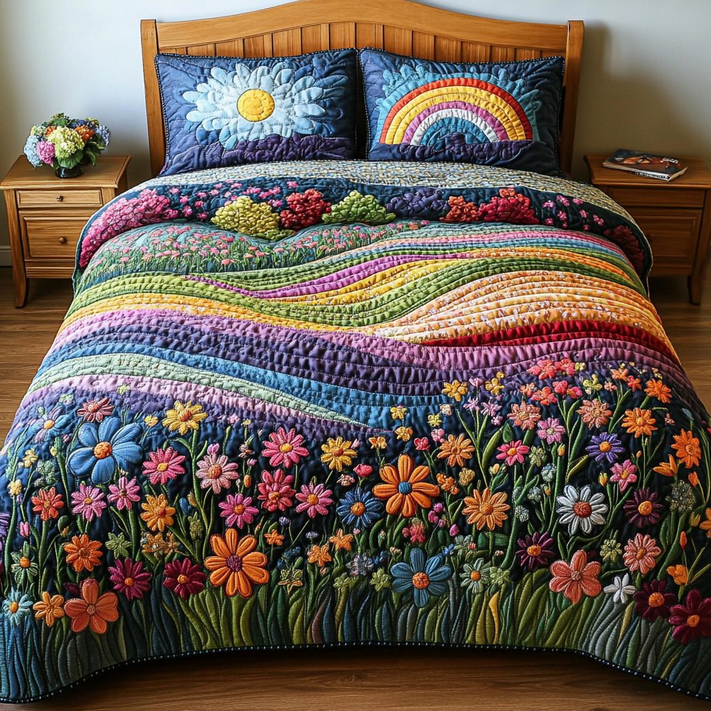 Rainbow Fields quilted 3-piece bedding set on a made bed with two matching pillow shams