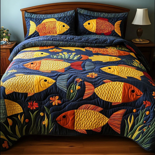 Rainbow Fishes quilted 3-piece bedding set on a made bed with two matching pillow shams