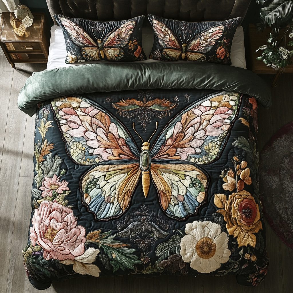 Rainbow Flight quilted 3-piece bedding set on a made bed with two matching pillow shams