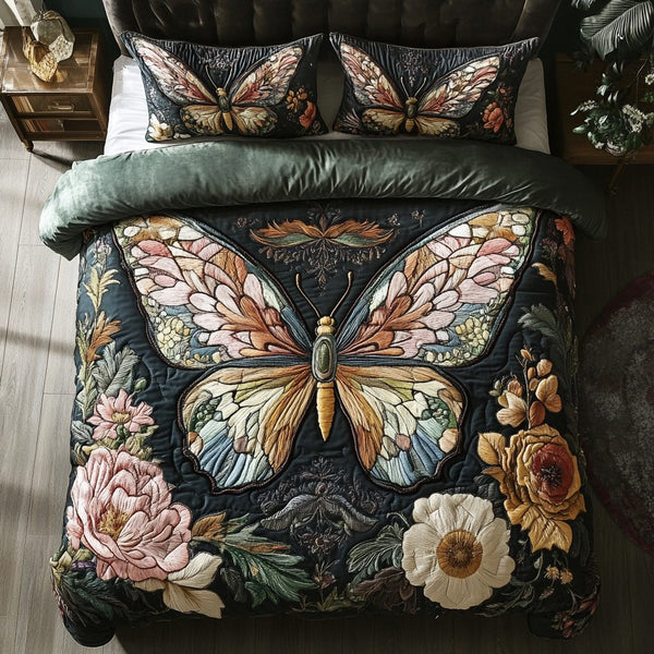 Rainbow Flight quilted 3-piece bedding set on a made bed with two matching pillow shams